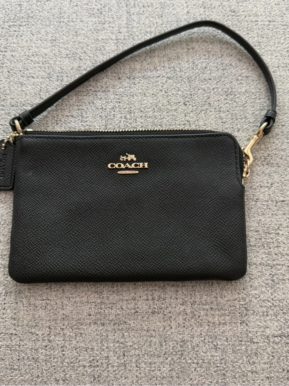 Coach Black Leather Wristlet with Gold Logo